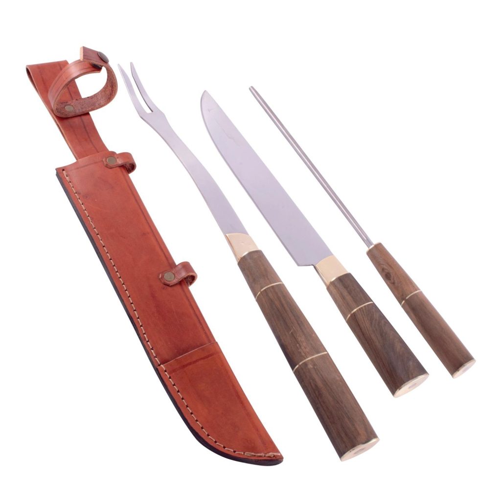 Juego Asador Criollo Triple En Madera Combinada Acero Inox. 23 Cm