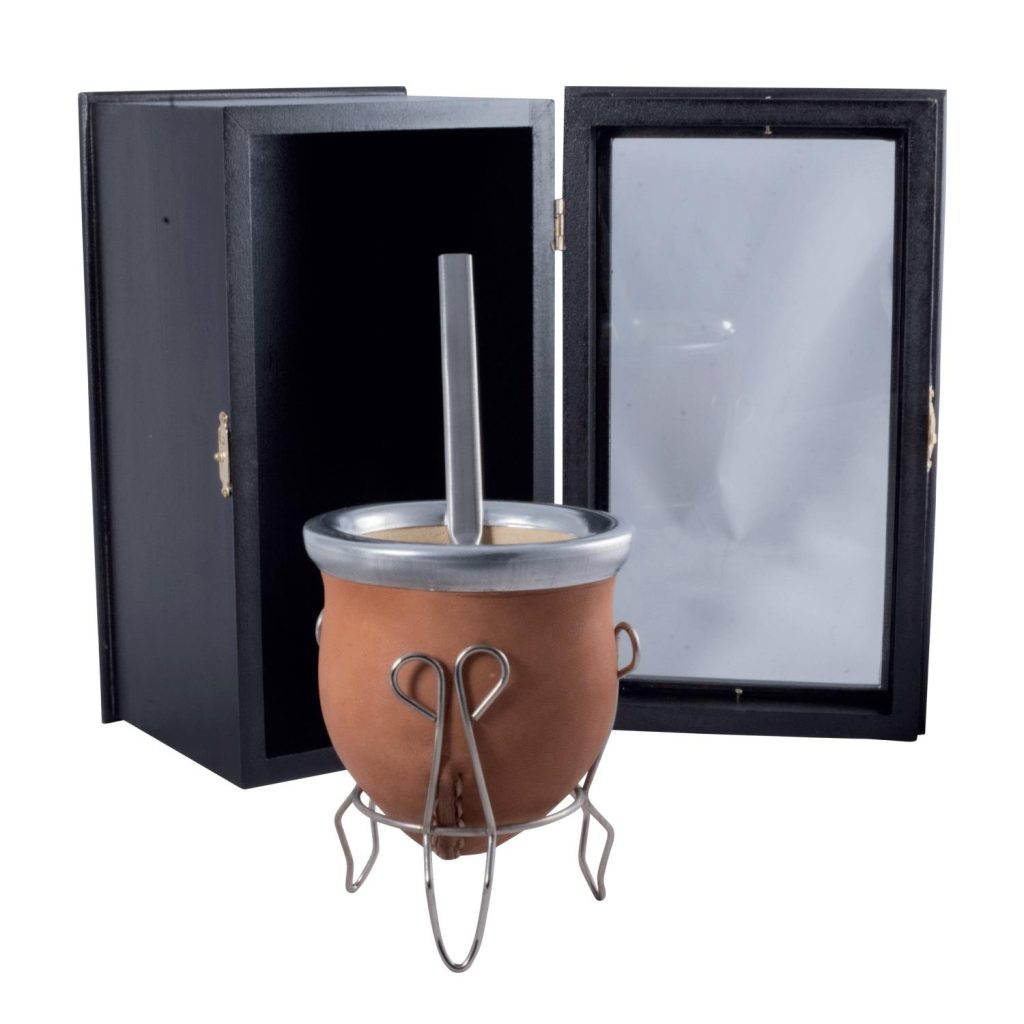 Mate De Vuelo De Calabaza Recubierto en Cuero Vaqueta (MAT696) Bombilla Acero Inox Chata (BOM230) Con Caja Fina