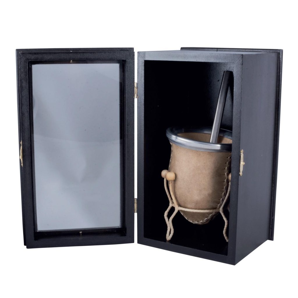 Mate De Vuelo De Calabaza Recubierto en Cuero Crudo (MAT018) Bombilla Acero Inox Chata (BOM230) Con Caja Fina