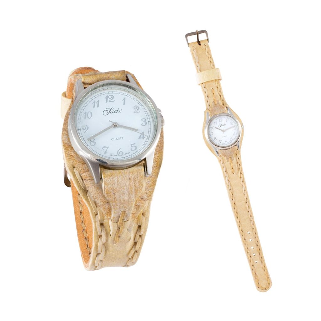 Reloj malla entera de cuero crudo con tejido de borde para dama