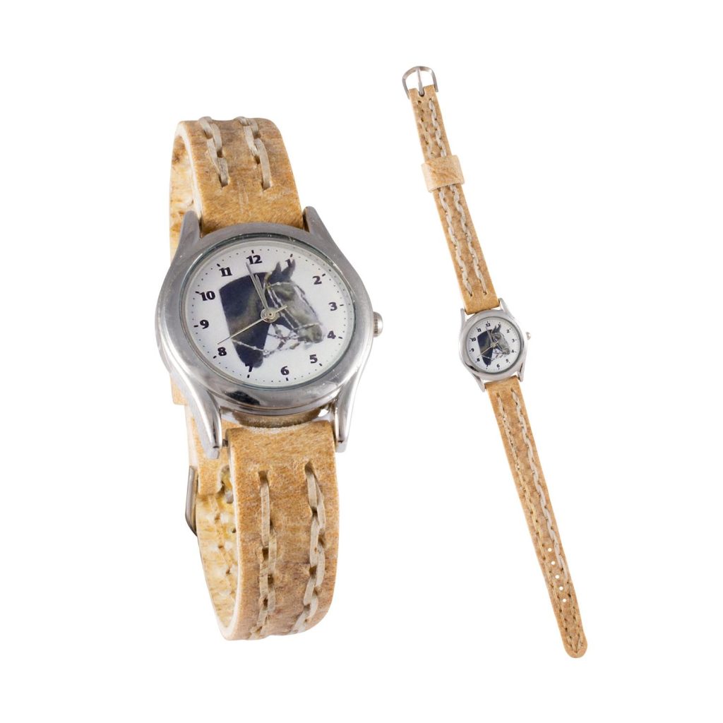Reloj malla partida de cuero crudo con tejido de borde para dama