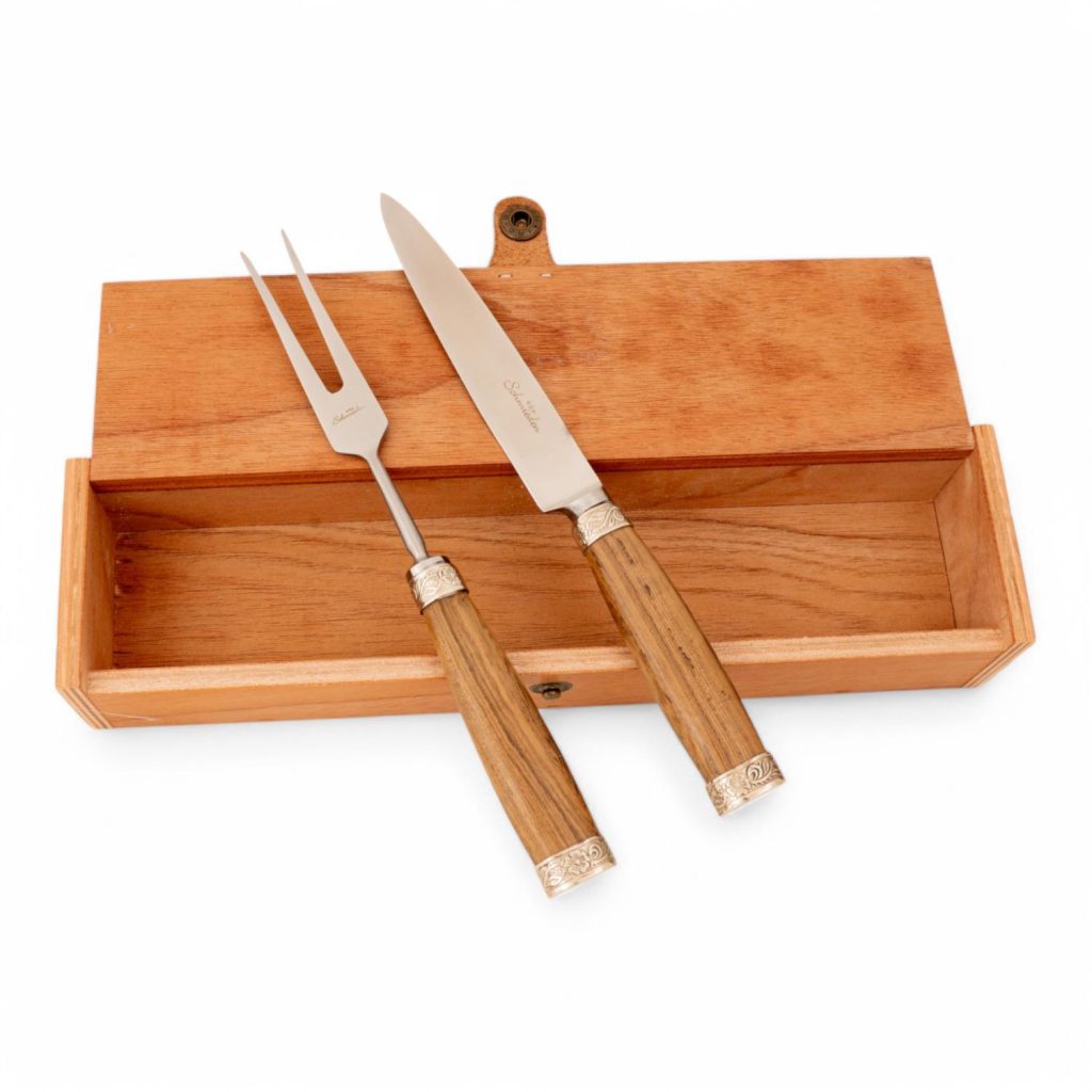Juego De Cubiertos Individual Linea Fina Madera Con Alpaca Labrada Individual En Caja De Madera Cedro Lustrado, Estilo SOL DE MAYO