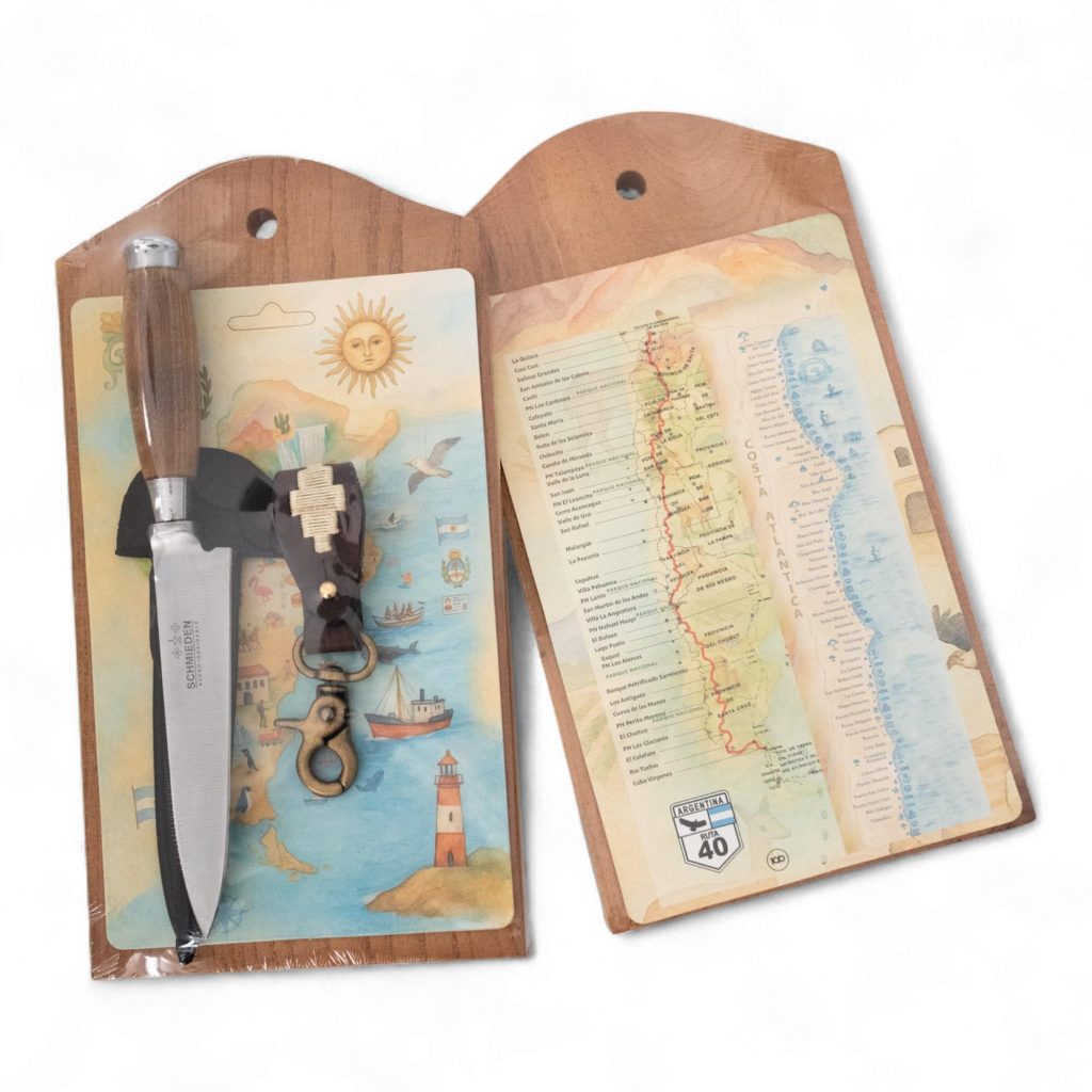 Juego de Cuchillo 14 cm Marca Schmieden Madera y virolas,Llavero de cuero Y tabla Madera  en Blister
