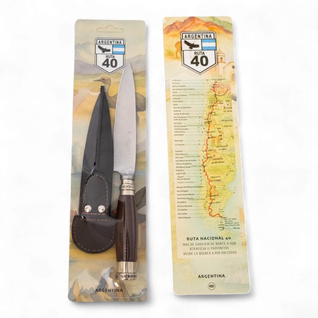 Cuchillo Inoxidable PAMPEANA con Vaina de Cuero, cabo de Madera y Alpaca en Blister