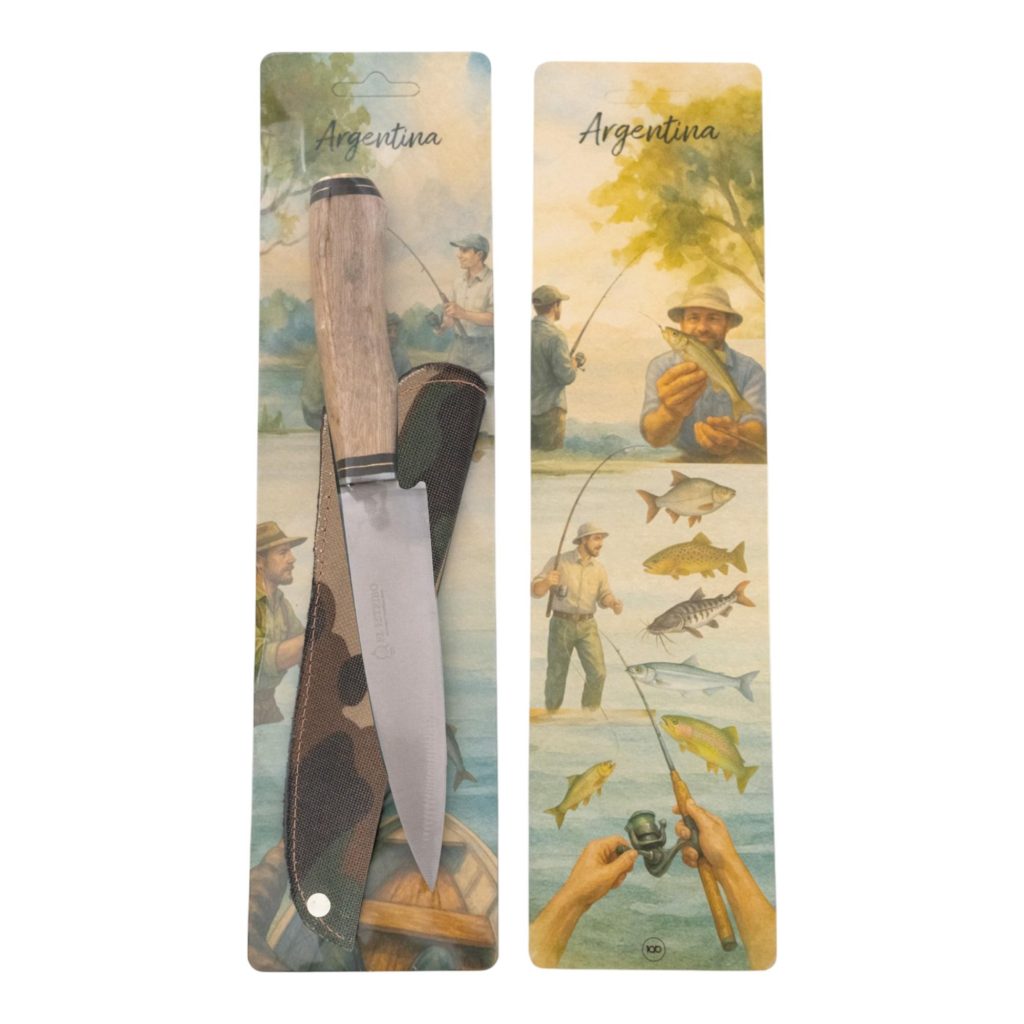 Cuchillo Inoxidable 14cm EL ESTRIBO con vaina estampada y Cabo de madera en Blister