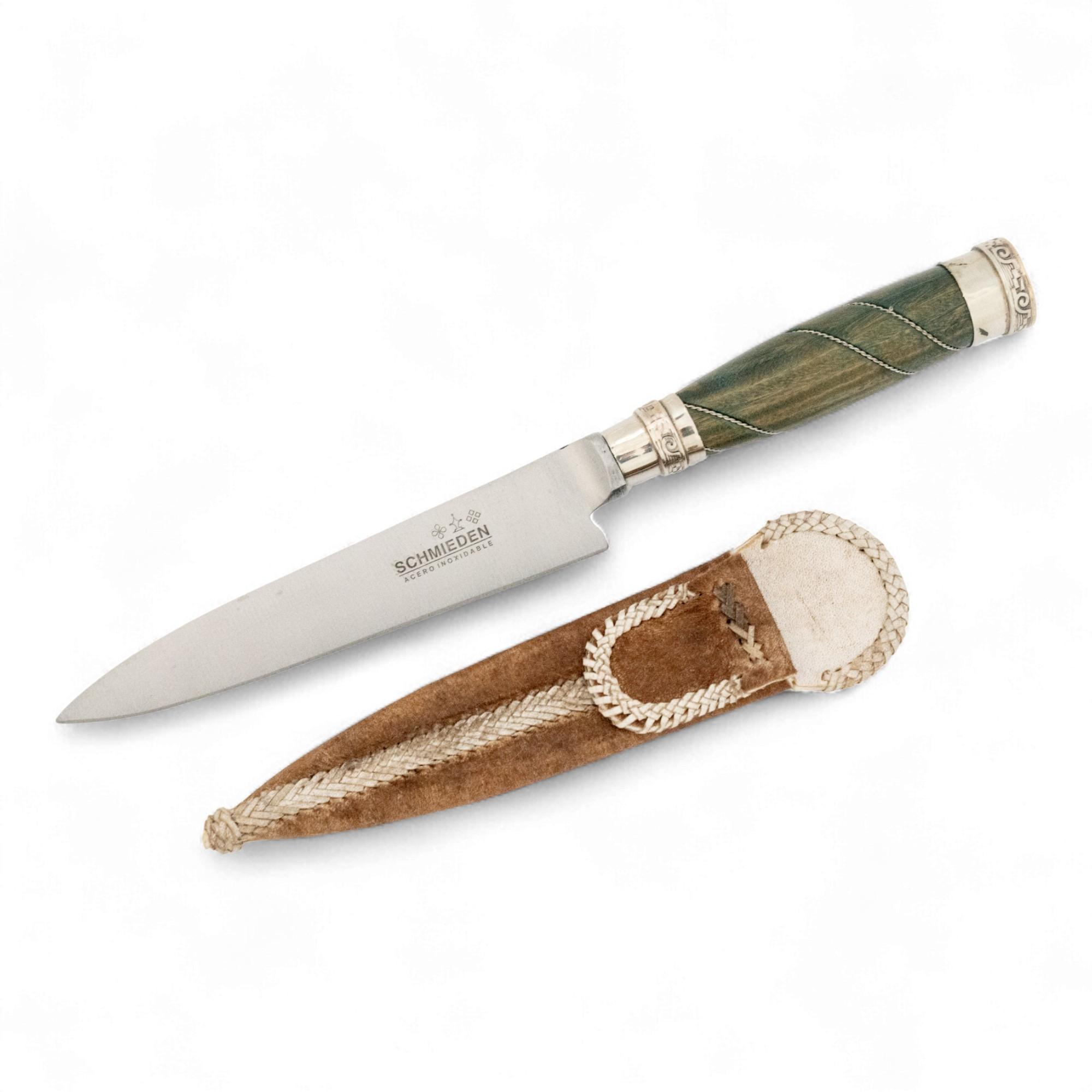 Cuchillo Hoja Acero Inox. Schmieden 14 Cm Encabado En Madera Palo Santo Con Copas y Alambre Doble En Alpaca y Vaina De Cuero Crudo - Imagen 2