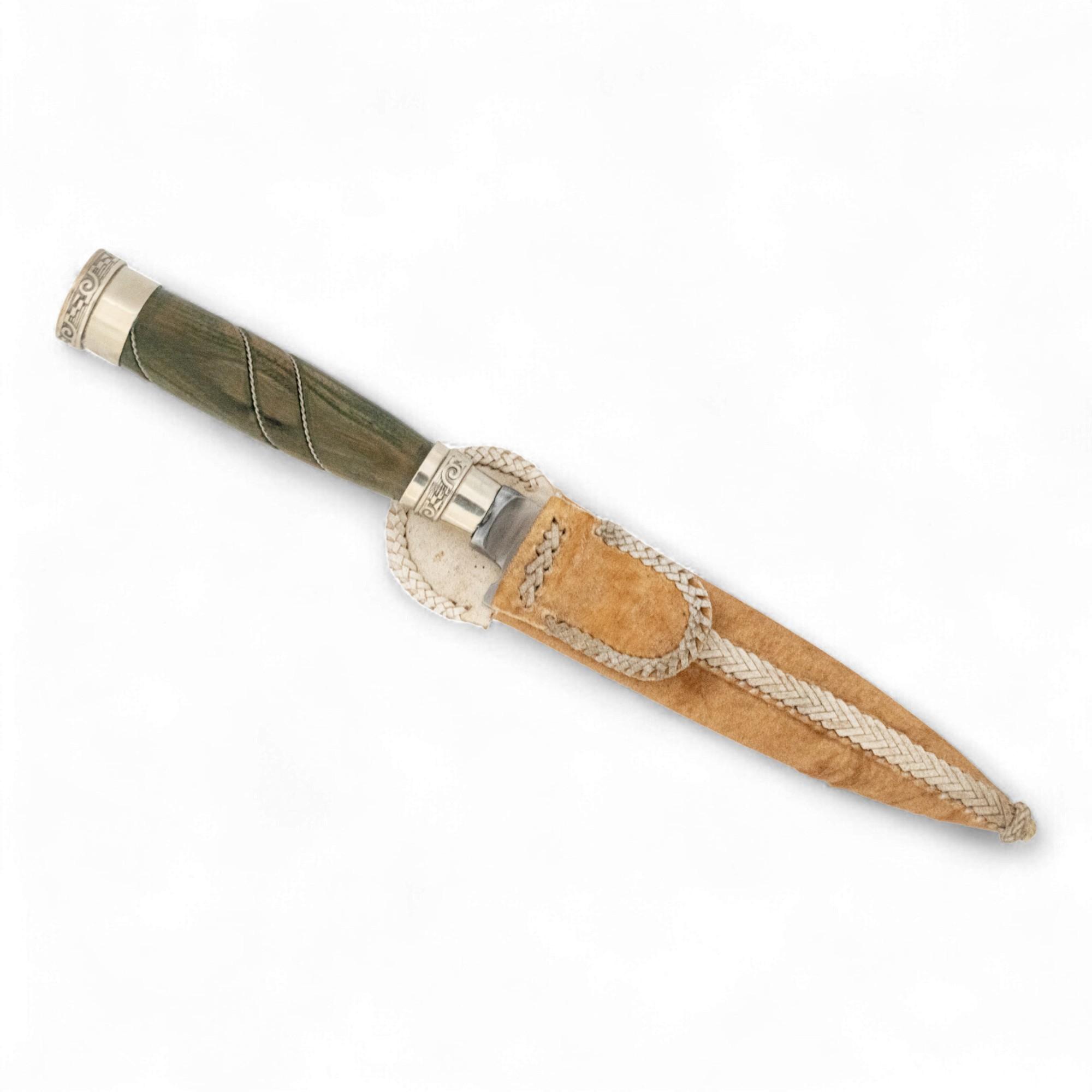 Cuchillo Hoja Acero Inox. Schmieden 14 Cm Encabado En Madera Palo Santo Con Copas y Alambre Doble En Alpaca y Vaina De Cuero Crudo - Imagen 3
