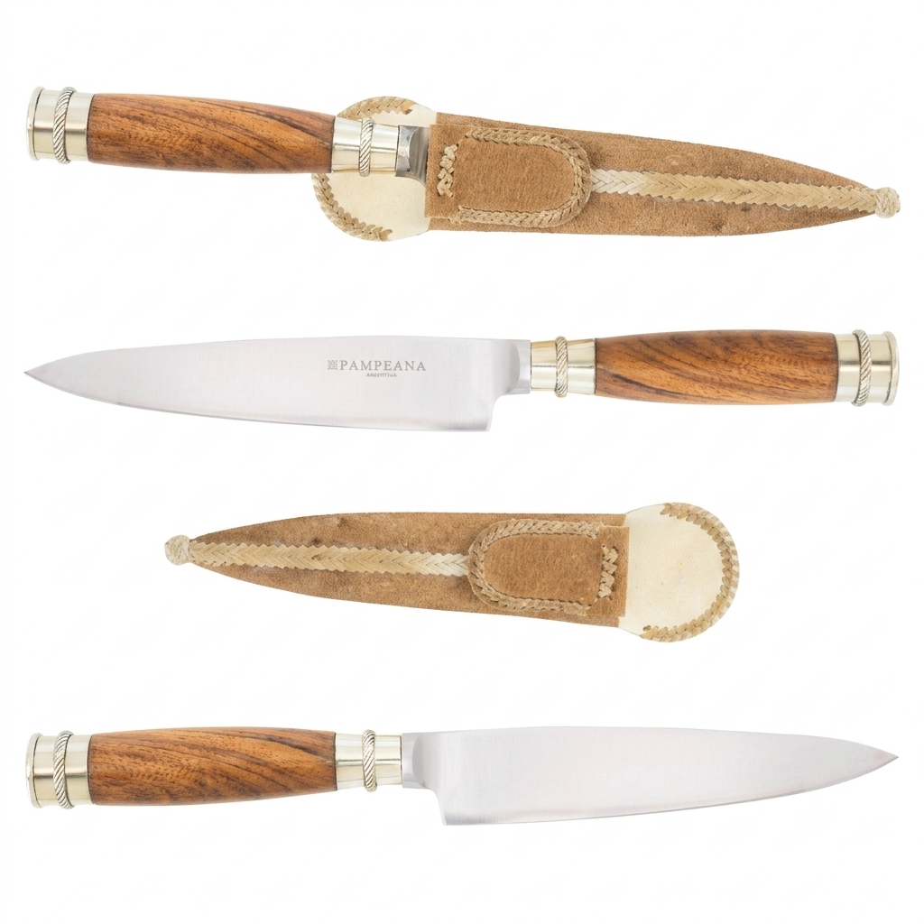 Cuchillo Madera Y Alpaca 2 Virolas Soaje Pampeana, Vaina De Cuero Crudo Fina - Imagen 3