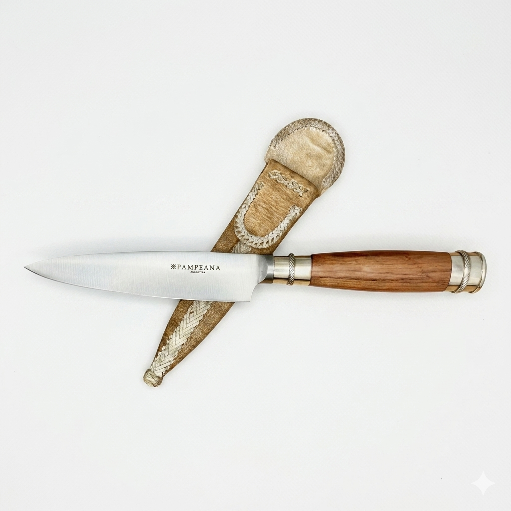 Cuchillo Madera Y Alpaca 2 Virolas Soaje Pampeana, Vaina De Cuero Crudo Fina