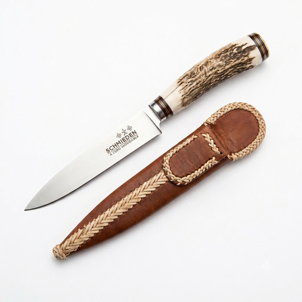 Cuchillo De Ciervo 14 Cm Acero Inox Vaina Cuero Crudo