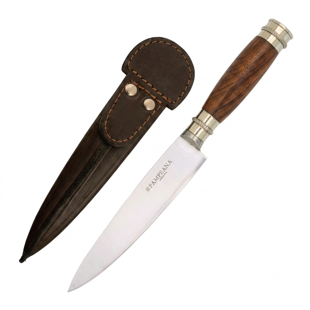 Cuchillo Madera Y Alpaca 2 Virolas Soaje Pampeana, Vaina De Cuero Vaqueta